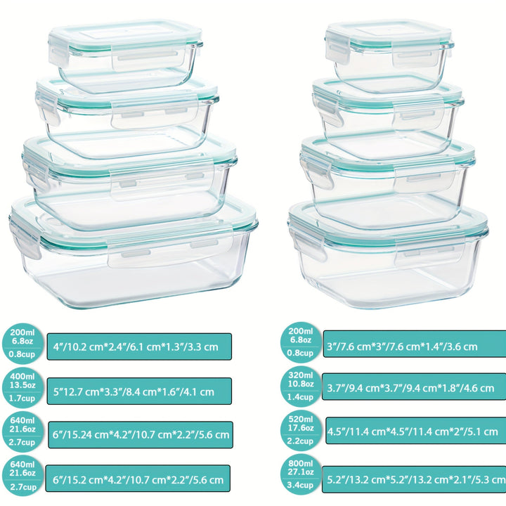 Skanto | 8-Pack Glass Matboksbeholdere – Lufttette Måltid Forberedelse Bento-bokser med lekkasjesikre, låsbare lokk, mikrobølgeovn-, ovn-, fryse- og oppvaskmaskinsikre, BPA-frie