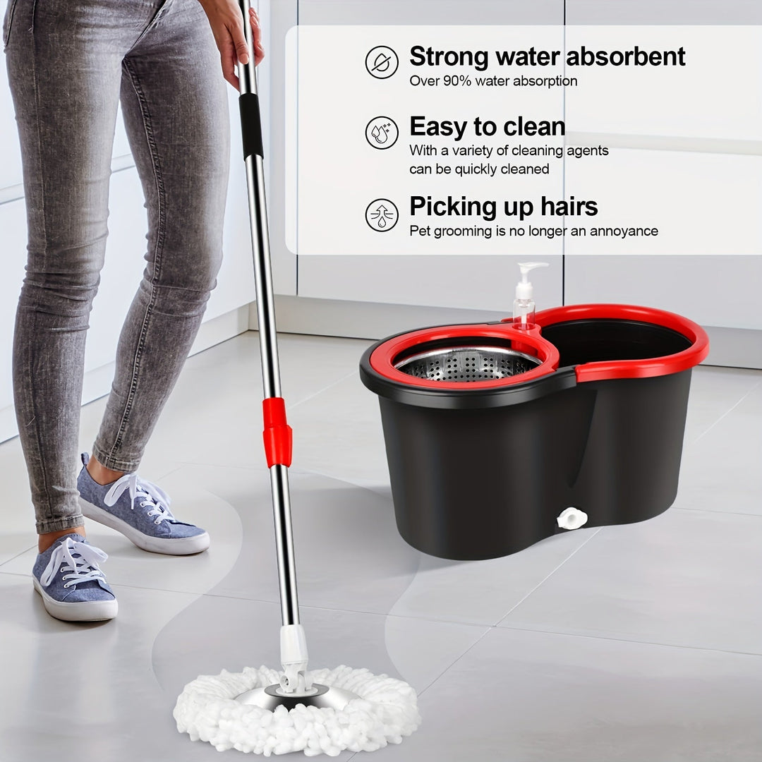 Skanto | Spin-mopp og bøtte sett med presse – 360° roterende mopp-system, inkluderer 3 mikrofiber-mopp hoder og 61" justerbart rustfritt stål håndtak – Ideell for gulvrengjøring i bad og skoler