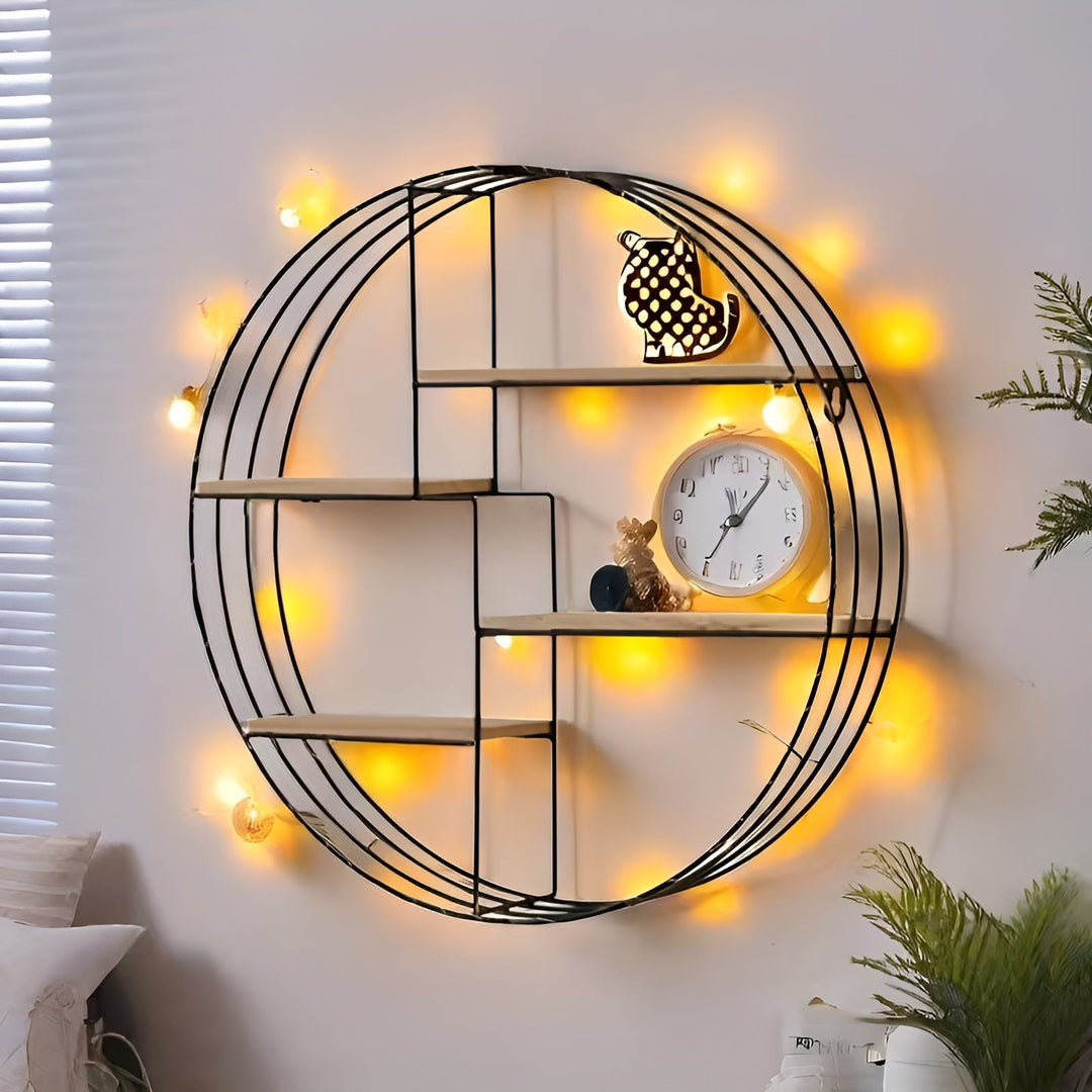 Rund Vegg hylle med 4 nivåer - Retro design laget av tre og metall | Dekorativ hengende hylle for stue, bad og soverom | Skanto