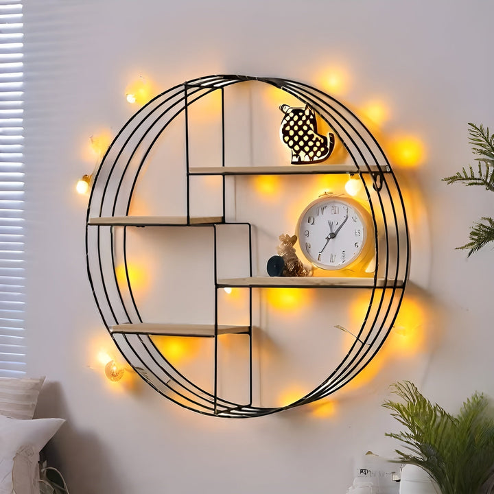 Rund Vegg hylle med 4 nivåer - Retro design laget av tre og metall | Dekorativ hengende hylle for stue, bad og soverom | Skanto