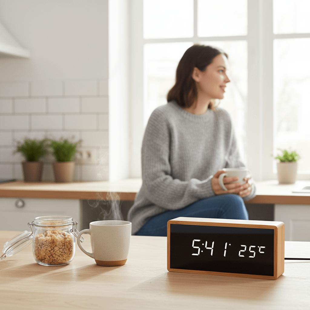 Skanto | Minimalistisk LED bambus alarmklokke med temperatursdisplay