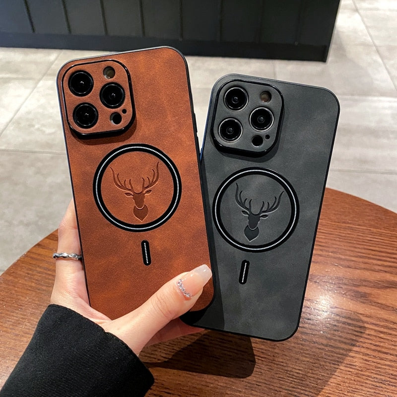 Skanto | Luxury Deer Leather Apple iPhone Case | Magnetisk telefonveske, trådløs veske, MagSafe, trådløs lading, beskyttelsesveske, deksel for iPhone 15, 14, 13 Pro Max Plus