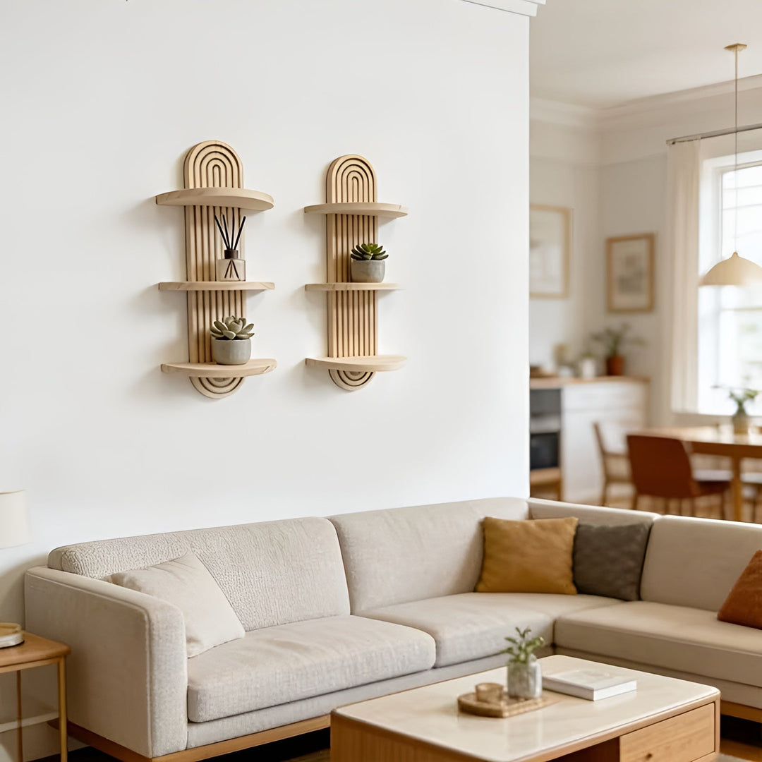 Boho vegghylle laget av heltre – flerlags og plassbesparende | For stue, soverom og gang