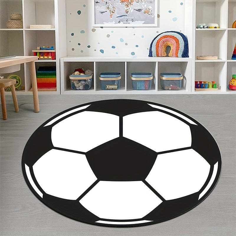Rund fotballteppe med halkefri bakgrunn – Sporty teppe for barnerom og stue | Skanto