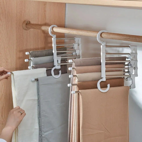 Skanto | FlexRack Buksehylde – Plassbesparende, justerbar klessorganisator for bukser, skjørt og skjerf – Rustfritt stål – Rutsjebeskyttelse – Foldbar design