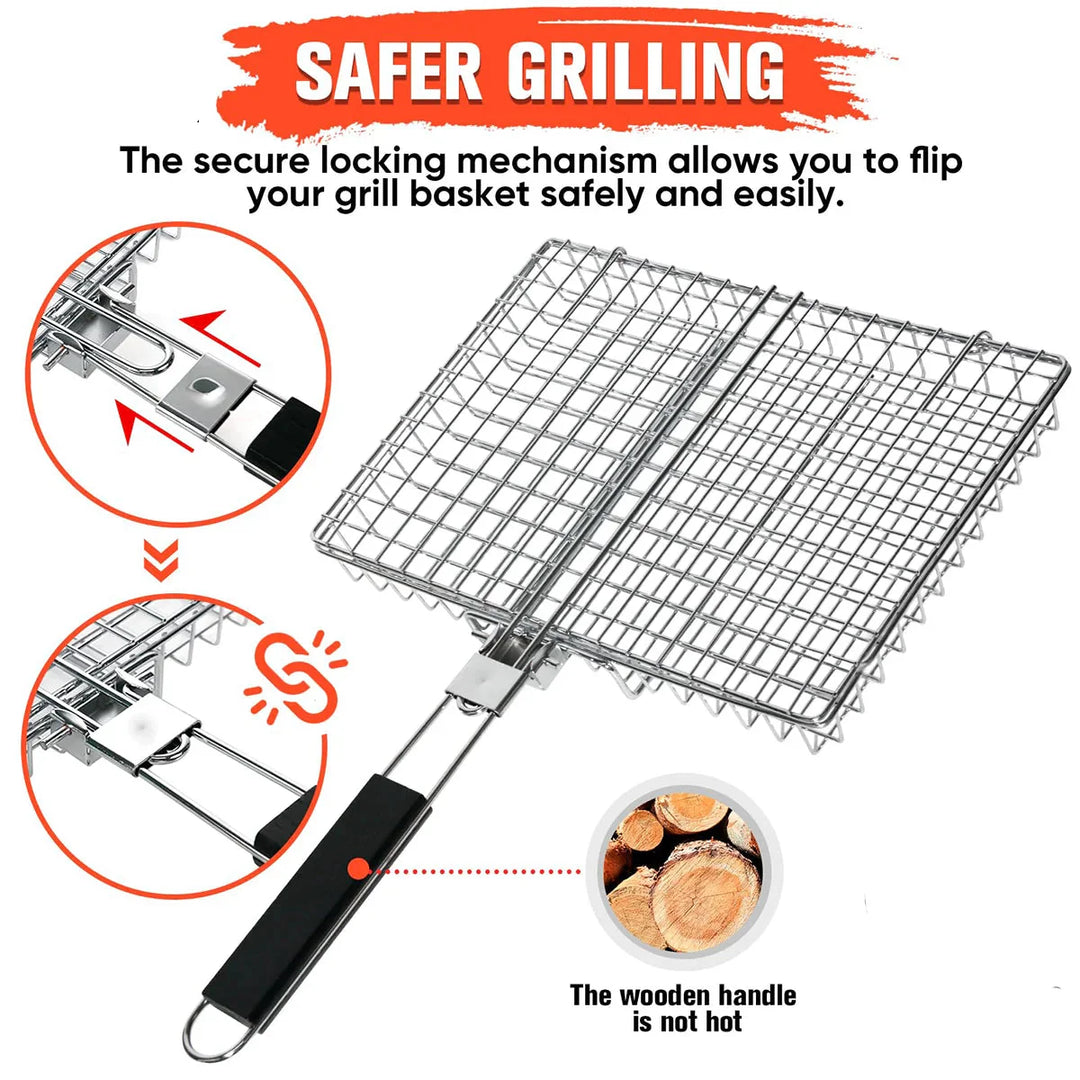 Folding Grillkurv med Trehåndtak Utendørs Camping BBQ Rack | Skanto