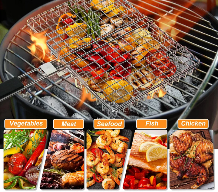 Folding Grillkurv med Trehåndtak Utendørs Camping BBQ Rack | Skanto