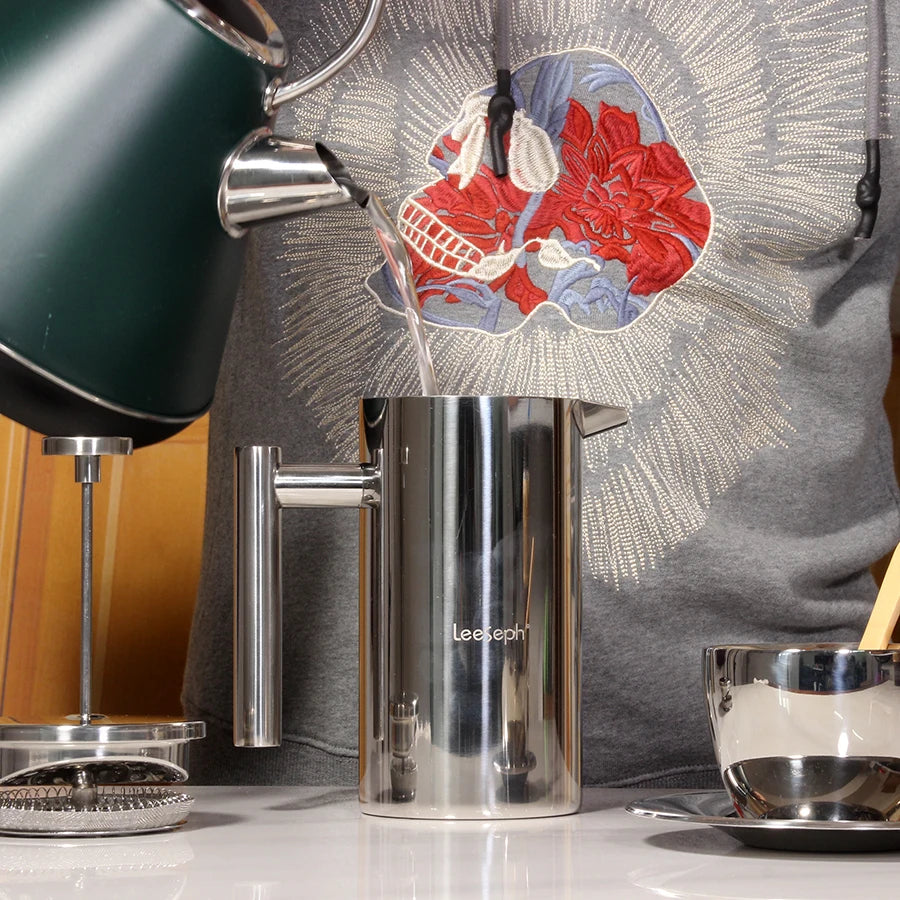 Fransk presse kaffekanne dobbelvegg rustfritt stål med klemme/skje | Skanto