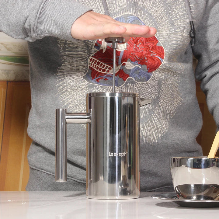 Fransk presse kaffekanne dobbelvegg rustfritt stål med klemme/skje | Skanto