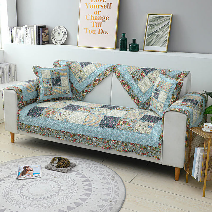 Vintage Flower Plaid Bomullssofa Deksel - Myk Miljøvennlig Design | Skanto
