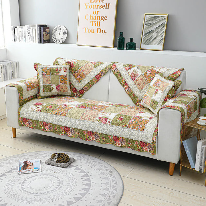 Vintage Flower Plaid Bomullssofa Deksel - Myk Miljøvennlig Design | Skanto