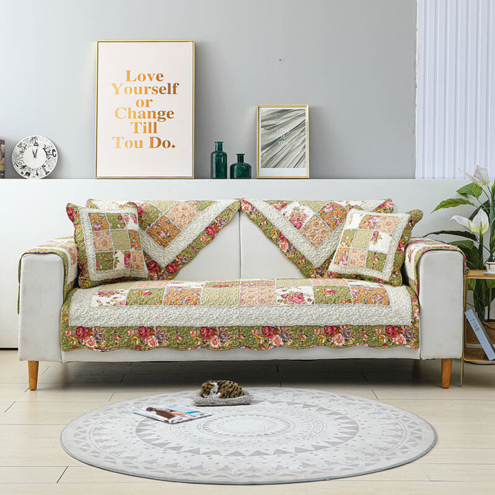 Vintage Flower Plaid Bomullssofa Deksel - Myk Miljøvennlig Design | Skanto