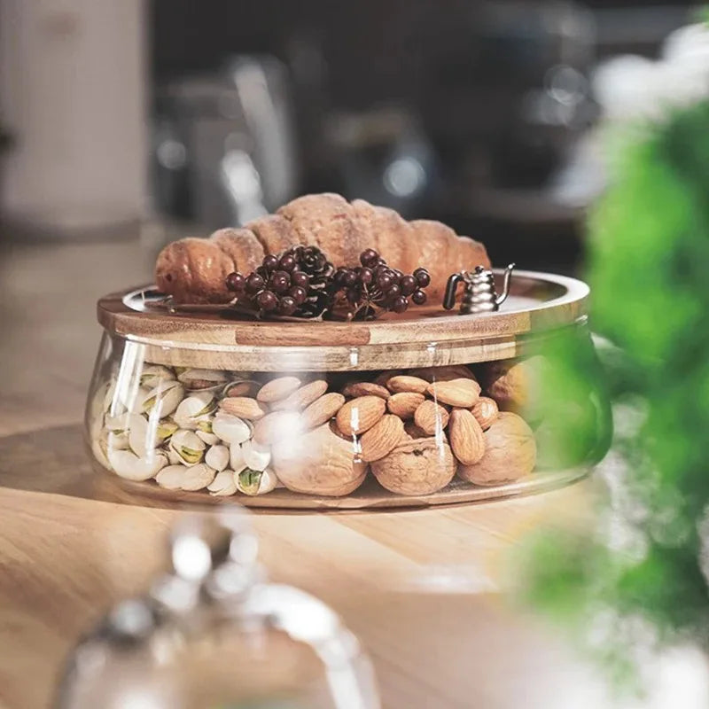 Glass Matbeholder med Tredeksel Kjøkken Snack Organizer | Skanto