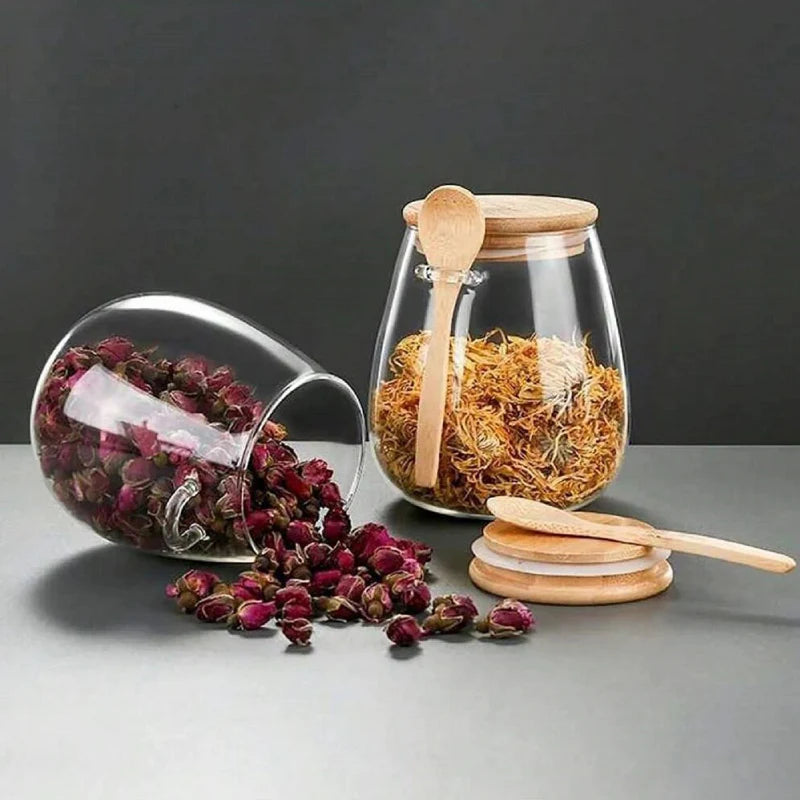 Glass Matlagringskrukke med Lokk i Tre med Tett Fitting og Skje Container | Skanto