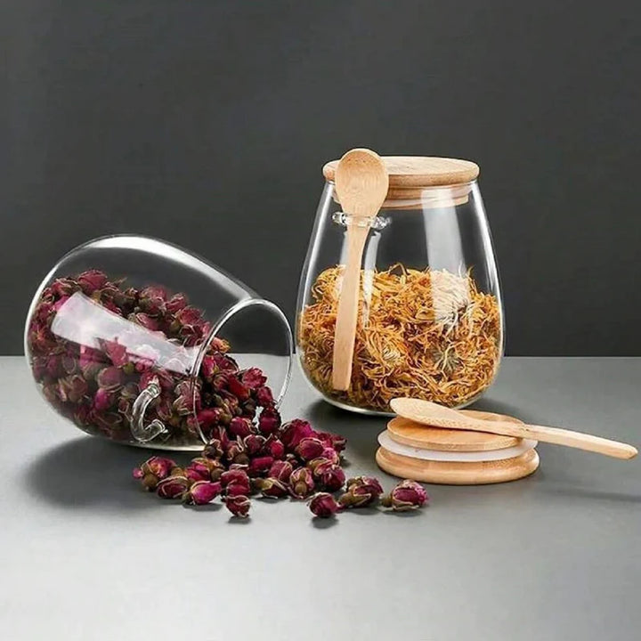 Glass Matlagringskrukke med Lokk i Tre med Tett Fitting og Skje Container | Skanto