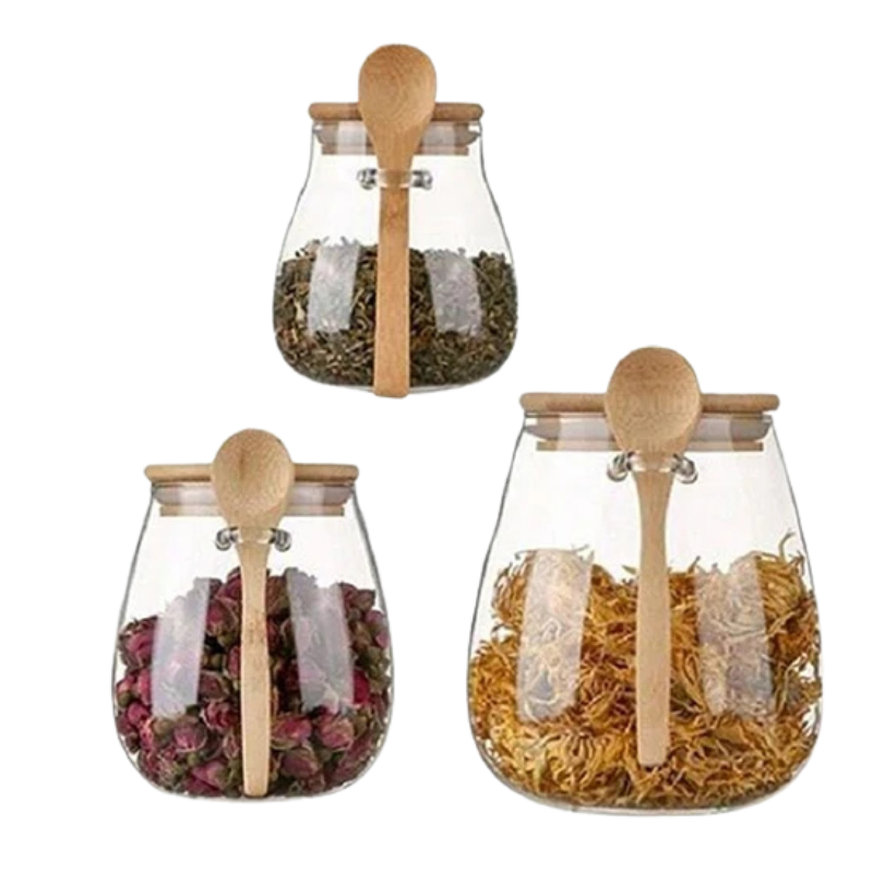 Glass Matlagringskrukke med Lokk i Tre med Tett Fitting og Skje Container | Skanto