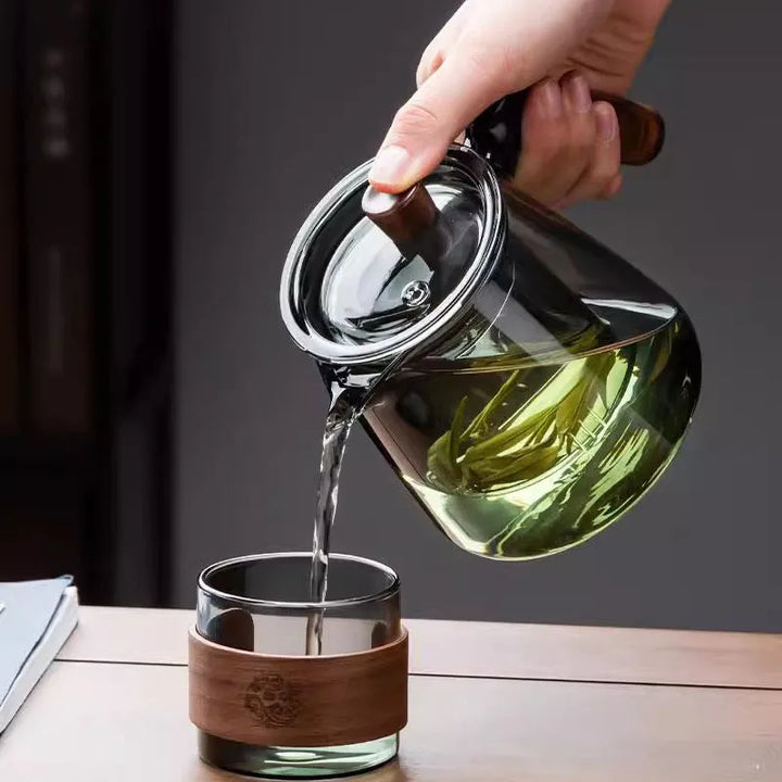Glass tekanne med infuser varmebestandig tekanne med håndtak i tre | Skanto