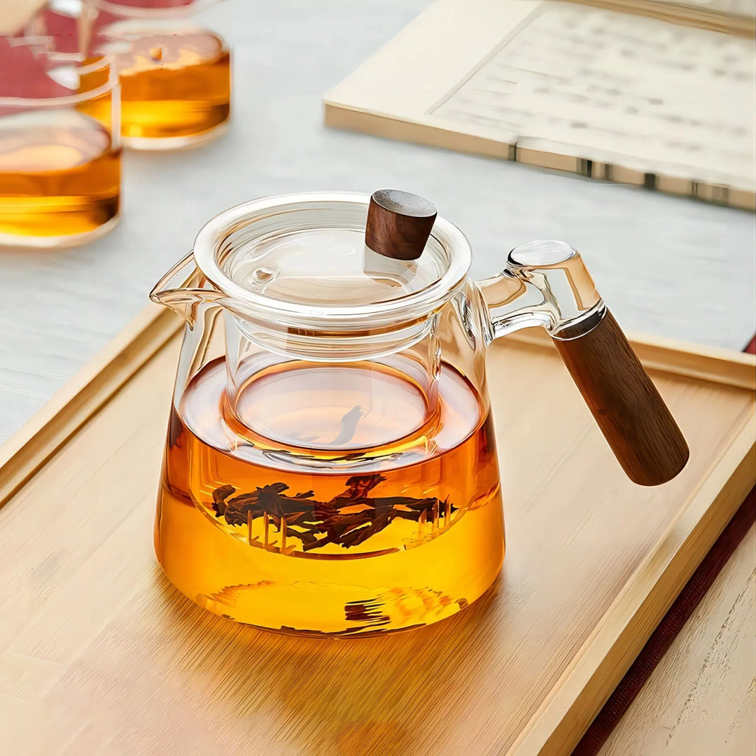 Glass tekanne med infuser varmebestandig tekanne med håndtak i tre | Skanto