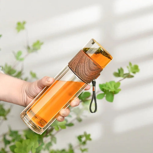 Termosflaske med tefilter – Glass & tre – Dobbeltvegg – 500 ml – KlarTherm | Skanto