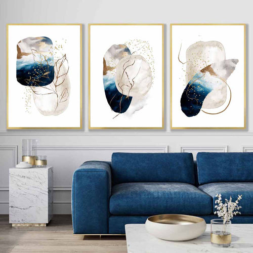 Abstrakt, teksturert veggkunstsett i marineblått, elfenben og gull (3 deler)