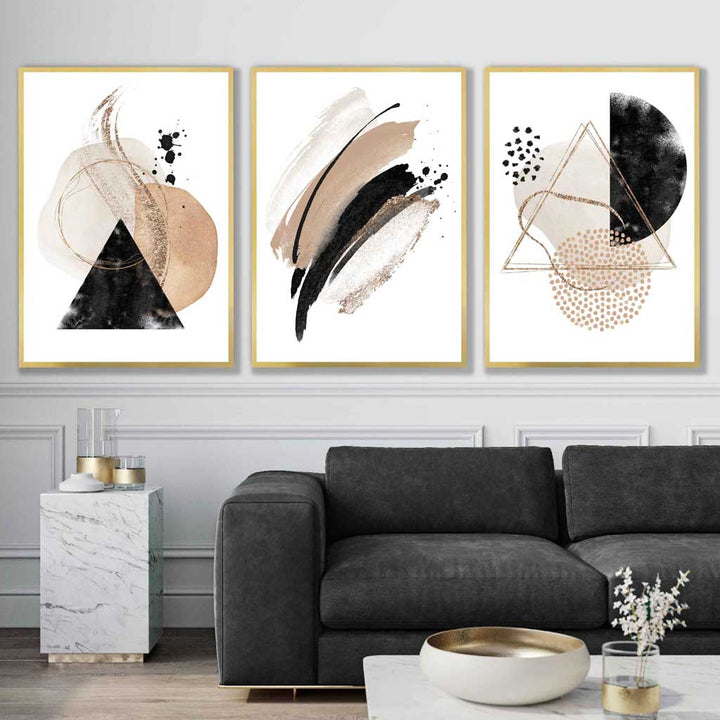 Abstrakt sett med 3 akvarellkunsttrykk i svart og beige