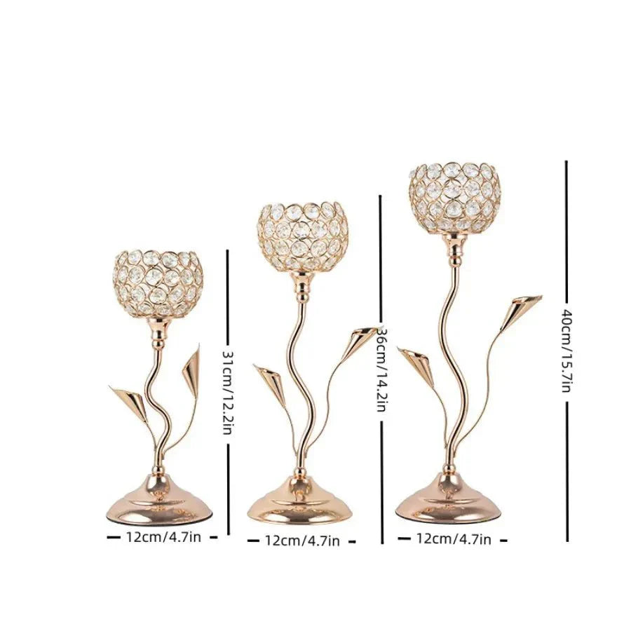 Gylden Krystall Blomst Form Lysestake Holder Sett - Metall Klassisk Design | Skanto