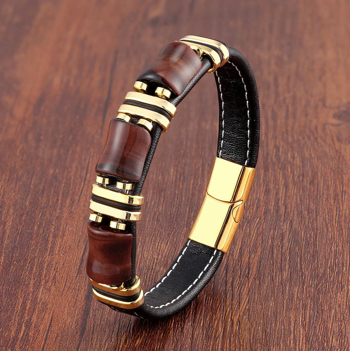 Skanto | Armbånd Skinn Gull | Tiger Eye Perle Herrers Smykker