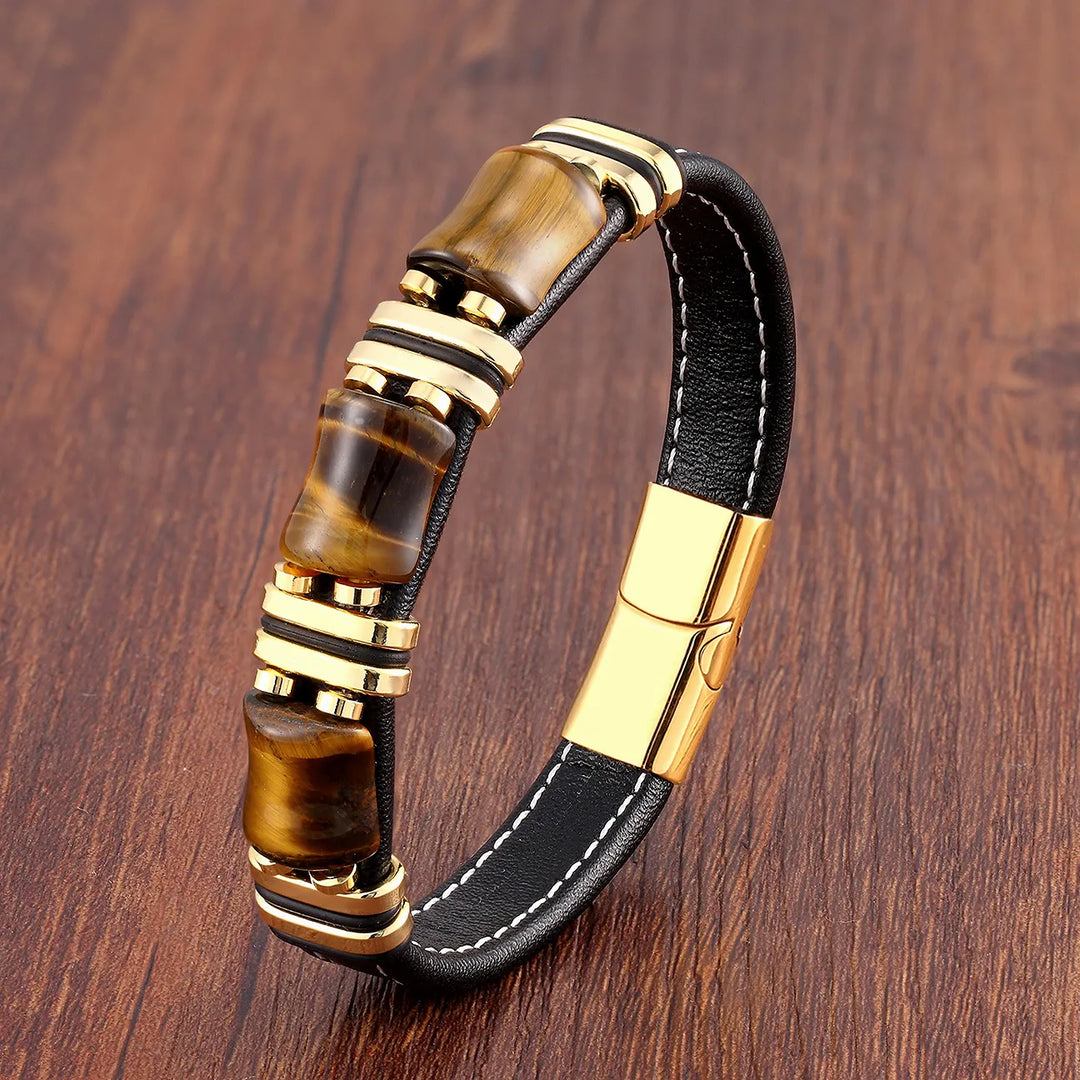 Skanto | Armbånd Skinn Gull | Tiger Eye Perle Herrers Smykker