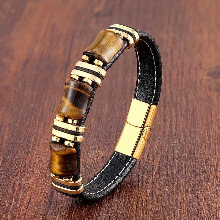Skanto | Armbånd Skinn Gull | Tiger Eye Perle Herrers Smykker
