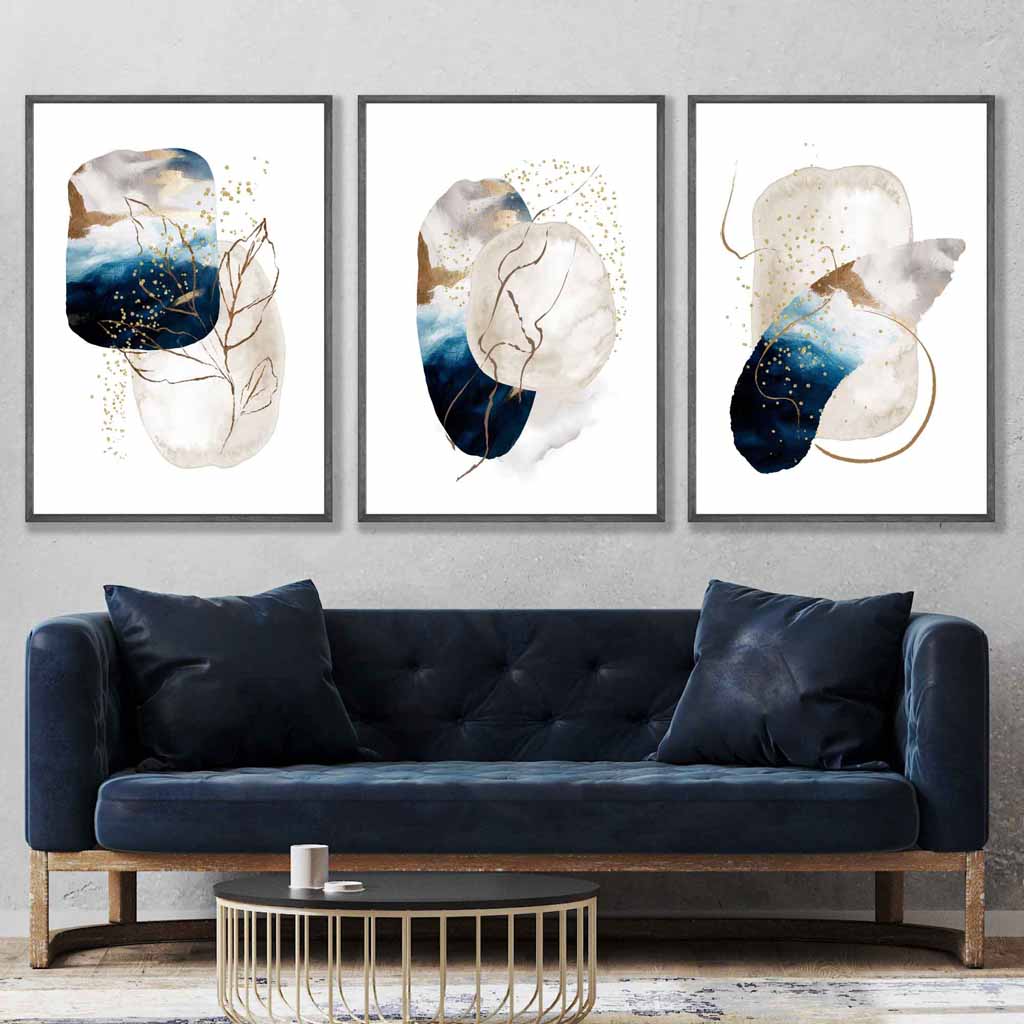 Abstrakt, teksturert veggkunstsett i marineblått, elfenben og gull (3 deler)