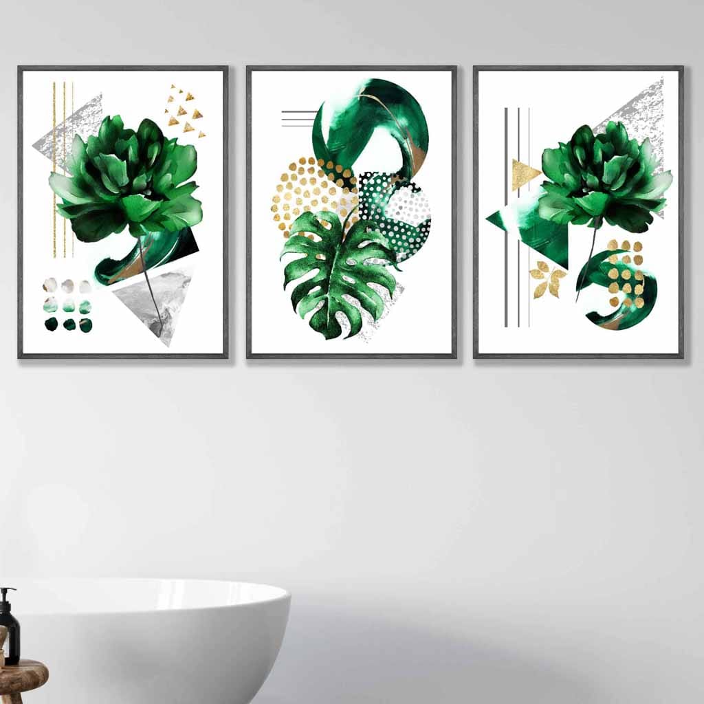 Sett med 3 innrammede veggkunstverk i grønt og gullfarget blomstermotiv