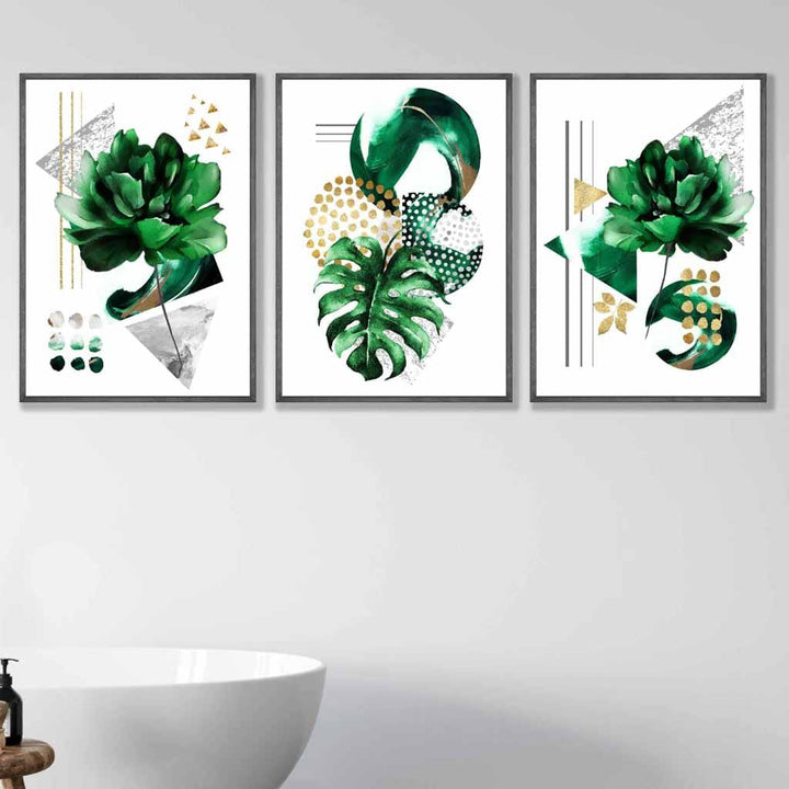 Sett med 3 innrammede veggkunstverk i grønt og gullfarget blomstermotiv