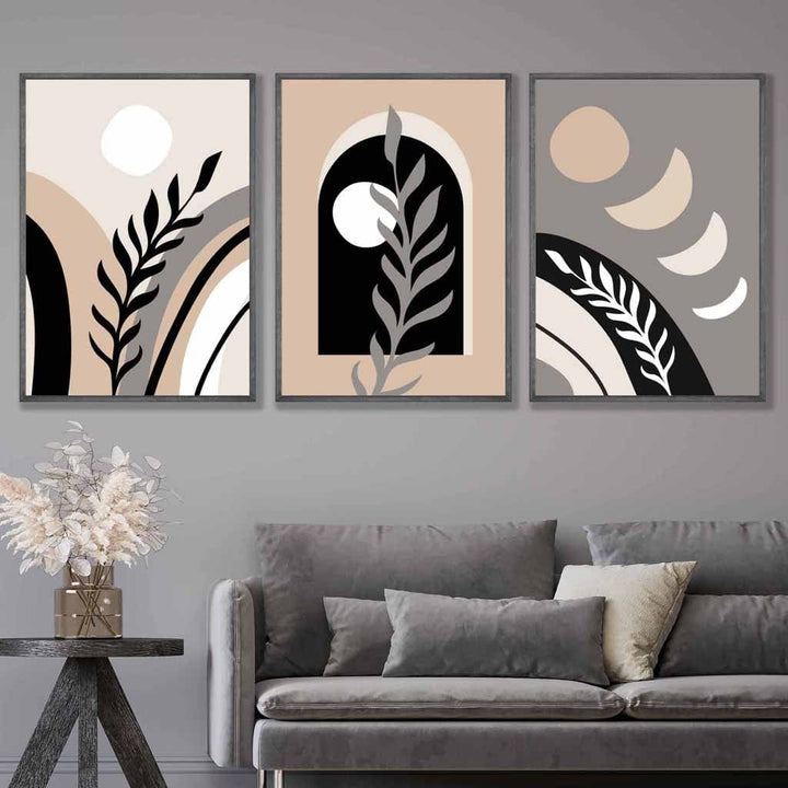 Bohemsk, abstrakt sett med 3 veggkunstverk i svart, beige og grått