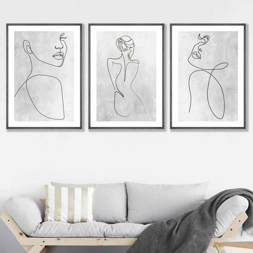 Abstrakt linjekunst kvinne grå veggkunstsett med 3 innrammede trykk