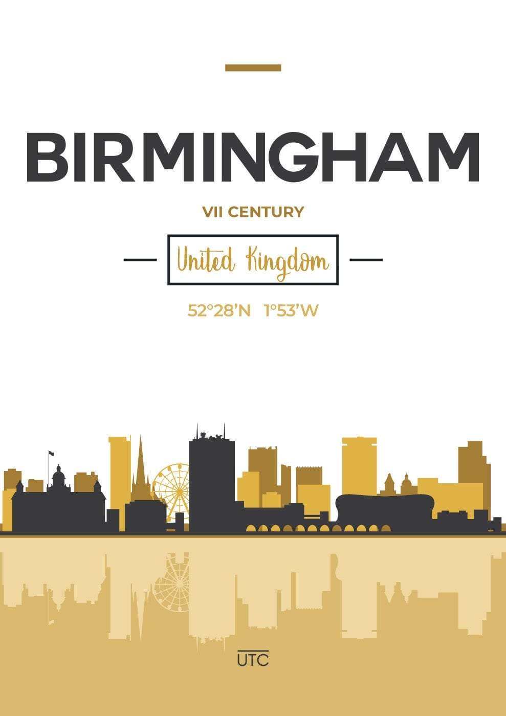 Birmingham Skyline byutsikt England, gulgrått kunsttrykk