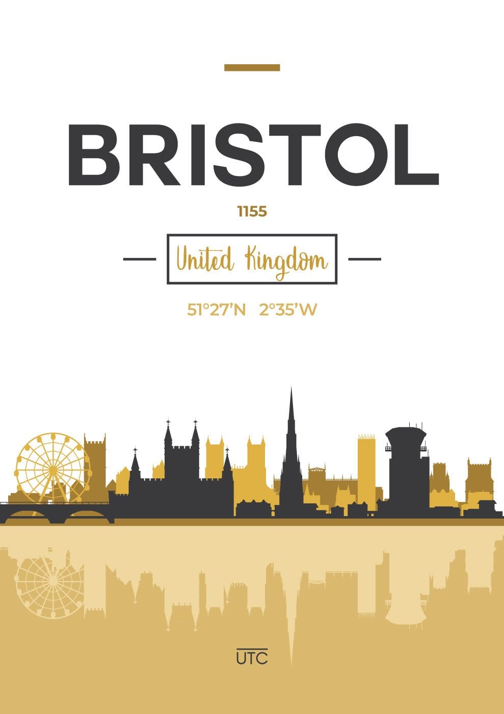 Bristols skyline, byutsikt over Bristol, England, kunsttrykk i gult og grått, veggkunst, plakat, hjemmedekorasjon