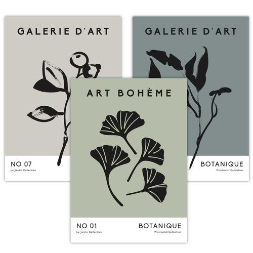 Bohemsk botanisk kunst, sett med 3, minimalistiske kunsttrykk i turkisgrønn