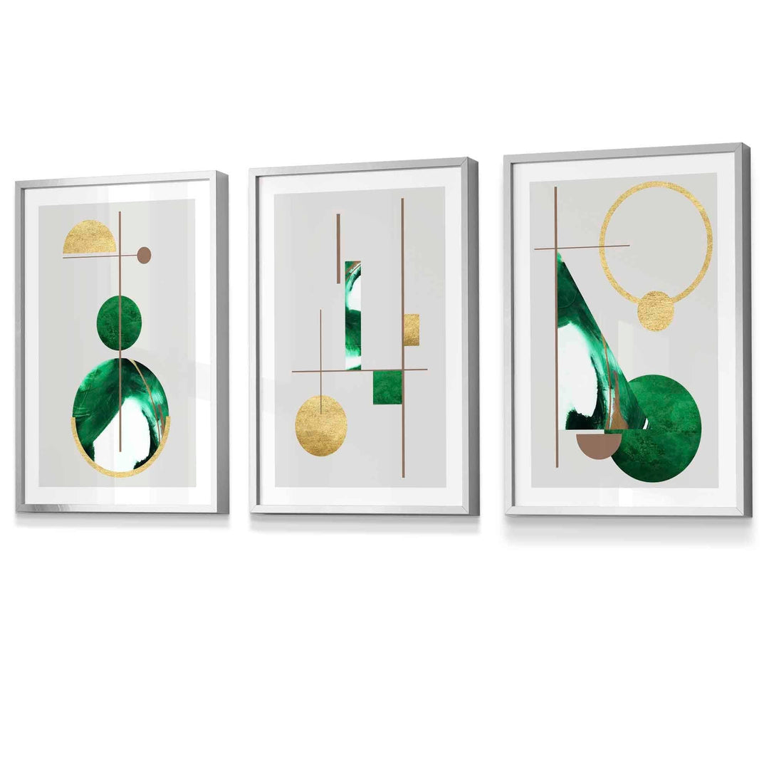 Abstrakt, strukturert, geometrisk kunstverk i mid-century modern-stil, innrammet i grønt og gull.