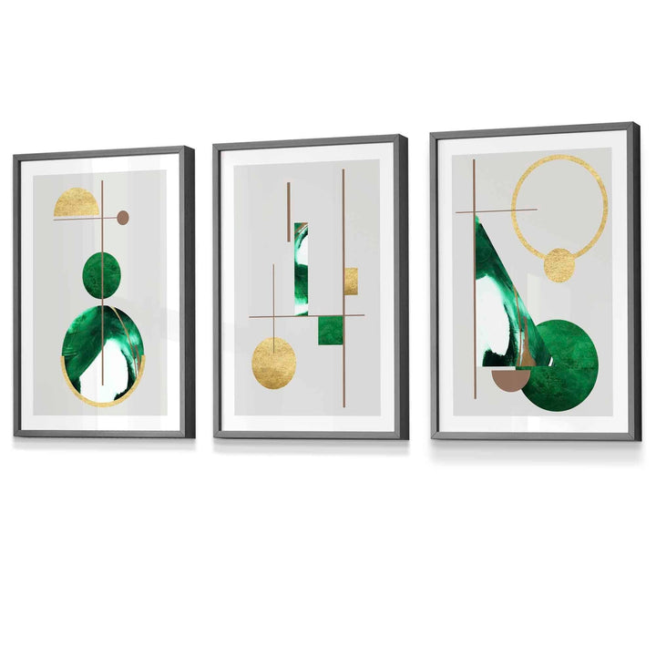 Abstrakt, strukturert, geometrisk kunstverk i mid-century modern-stil, innrammet i grønt og gull.