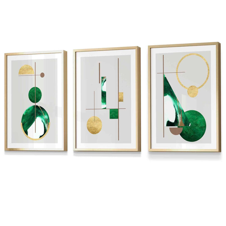 Abstrakt, strukturert, geometrisk kunstverk i mid-century modern-stil, innrammet i grønt og gull.