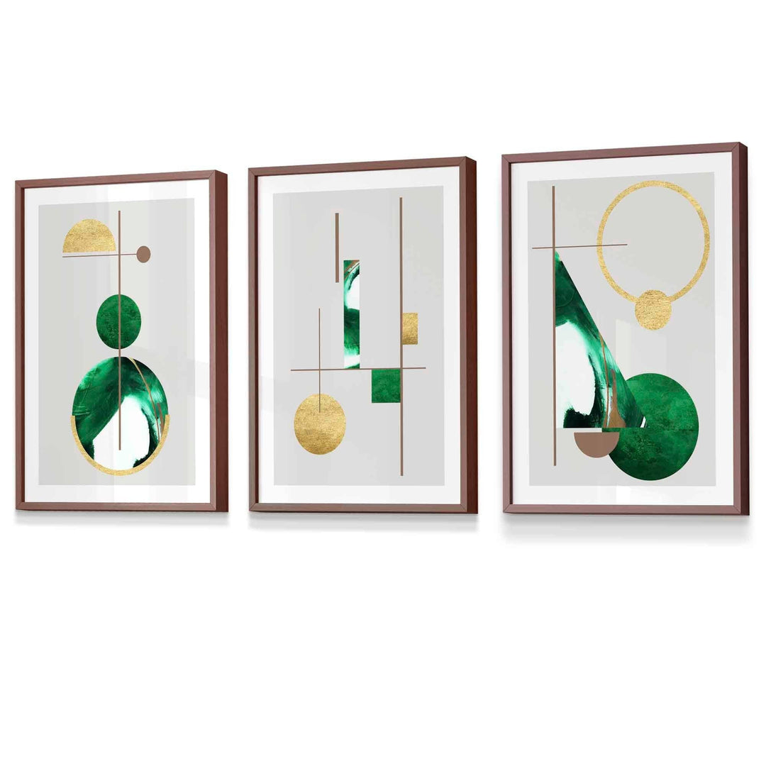 Abstrakt, strukturert, geometrisk kunstverk i mid-century modern-stil, innrammet i grønt og gull.