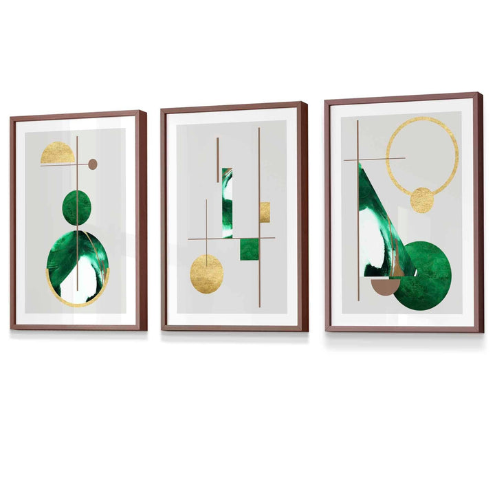 Abstrakt, strukturert, geometrisk kunstverk i mid-century modern-stil, innrammet i grønt og gull.