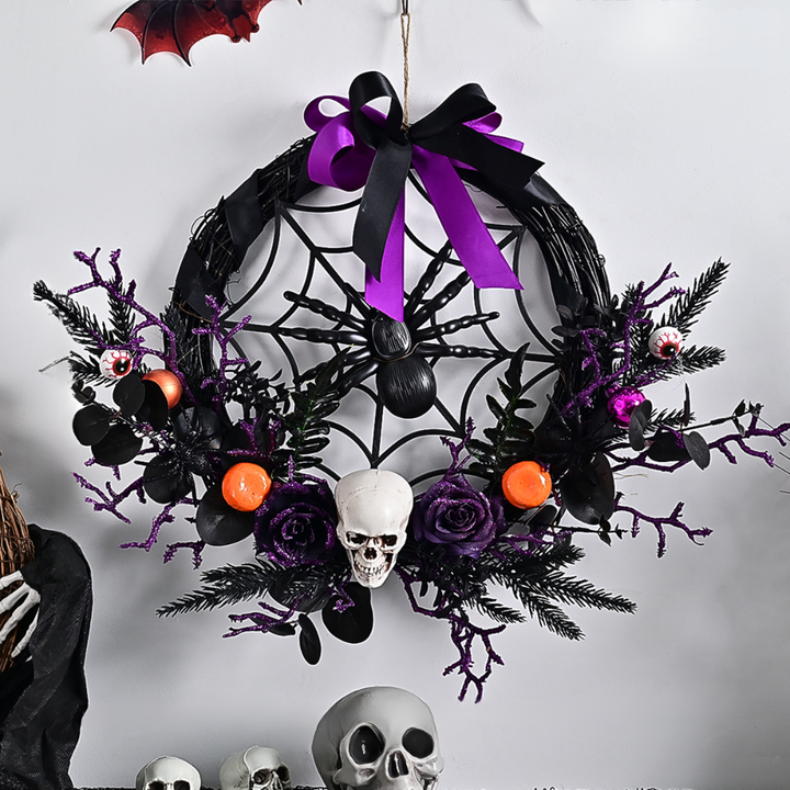 Skanto | Halloween Gothic Floral Spiderweb Krans | Spooky Dørdekor