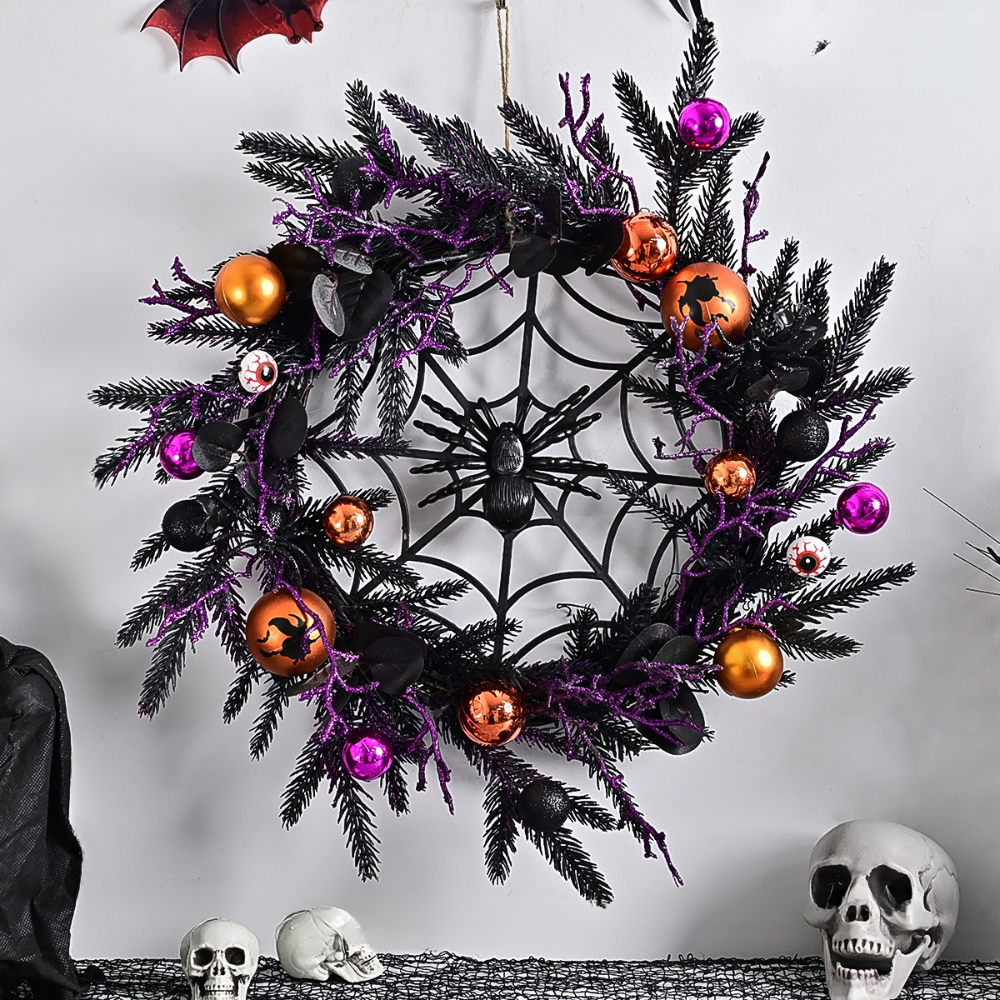 Skanto | Halloween Gothic Floral Spiderweb Krans | Spooky Dørdekor