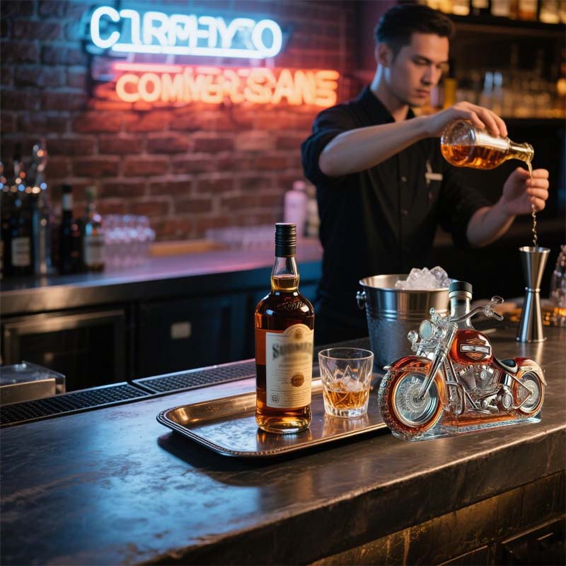 Whiskykaraffe i form er en Harley-Davidson-Motorrads für die Hausbar