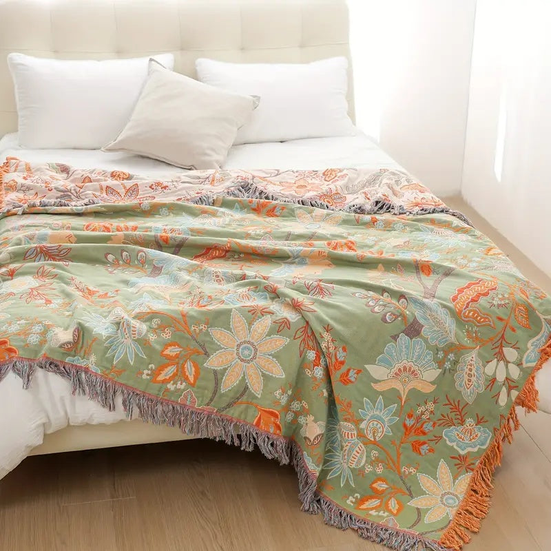 Skanto | Boho Floral Cotton Throw Blanket with Fringe – Krem & Oransje