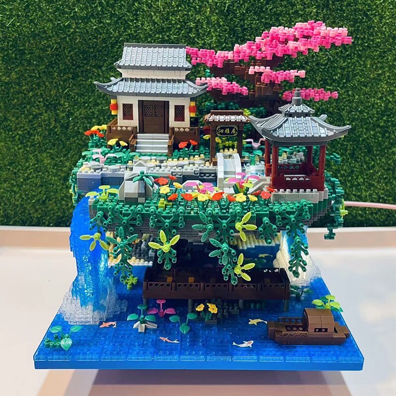Skanto | Fossfall Japansk Hus Sakura Tre Flytende Øy Nano Byggeklosser | Begrenset Lager