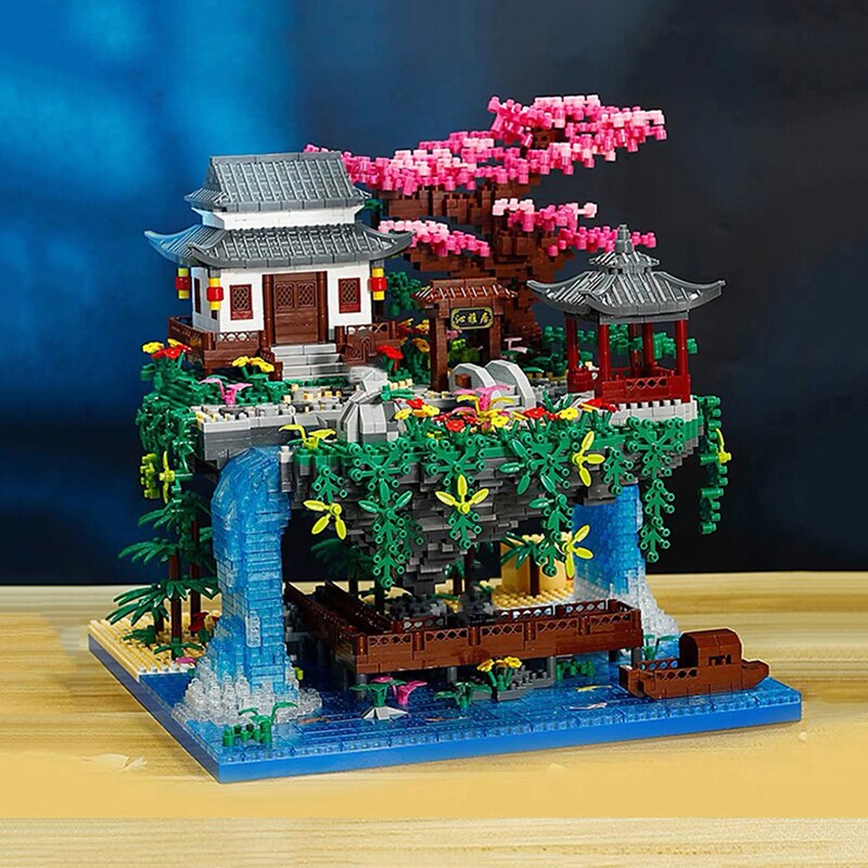 Skanto | Fossfall Japansk Hus Sakura Tre Flytende Øy Nano Byggeklosser | Begrenset Lager