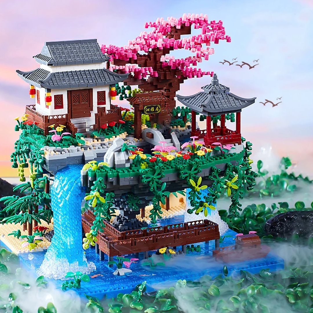 Skanto | Fossfall Japansk Hus Sakura Tre Flytende Øy Nano Byggeklosser | Begrenset Lager