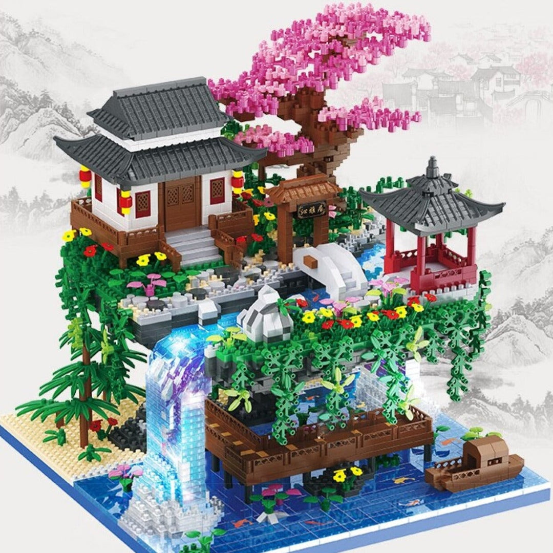 Skanto | Fossfall Japansk Hus Sakura Tre Flytende Øy Nano Byggeklosser | Begrenset Lager